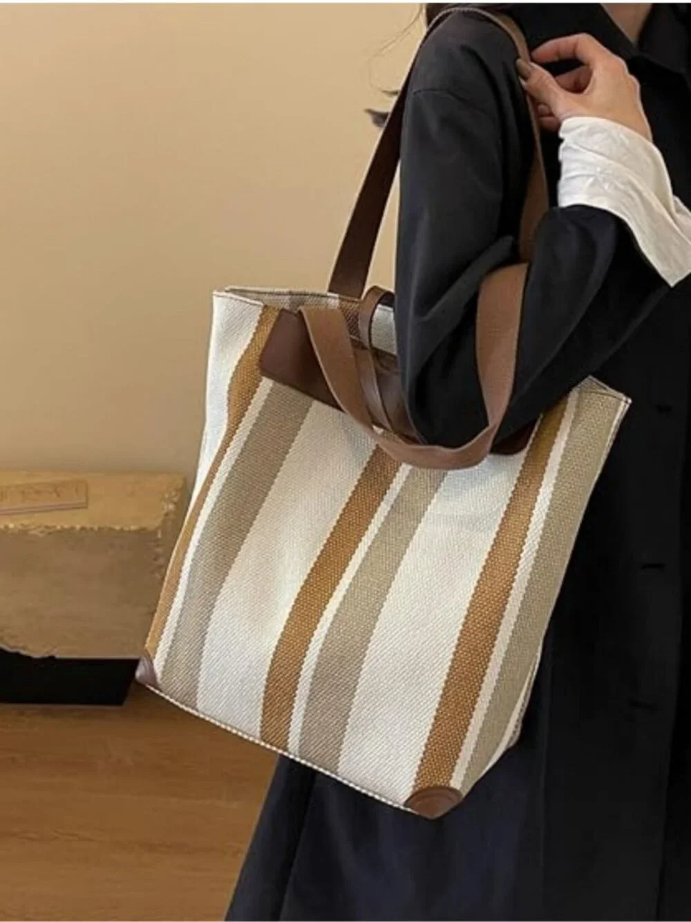 Large Beige Brown Stripe Canvas Tote Laptop Shoulder Bag Faux Leather Handles